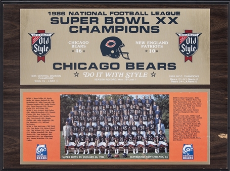 1986 Super Bowl XX Champions Plaque Presented To Mike Singletary (Singletary LOA)